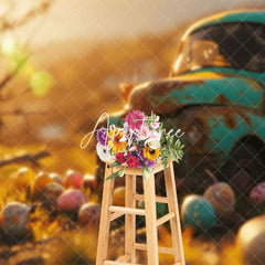 Aperturee - Aperturee Bokeh Sunset Retro Car Colorful Eggs Easter Backdrop