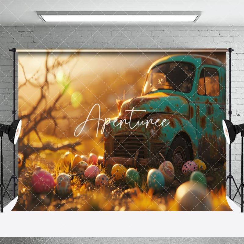 Aperturee - Aperturee Bokeh Sunset Retro Car Colorful Eggs Easter Backdrop