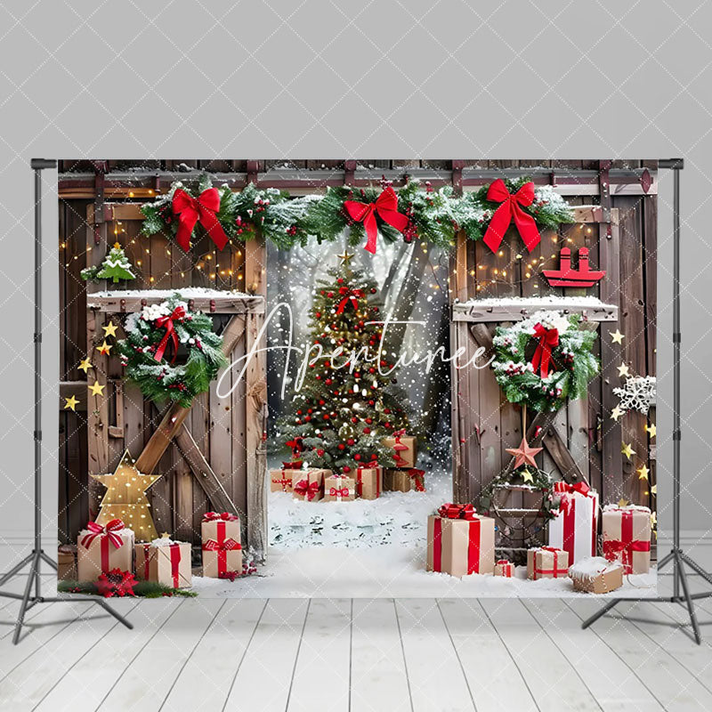 Aperturee - Aperturee Bow Swap Decorated Barn Door Christmas Backdrop