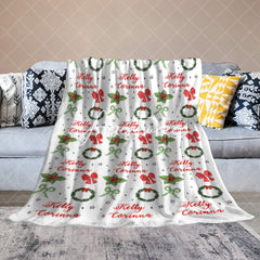 Aperturee - Aperturee Bow Tie Green Floral Christmas Custom Name Blanket