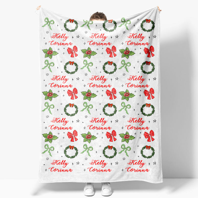 Aperturee - Aperturee Bow Tie Green Floral Christmas Custom Name Blanket