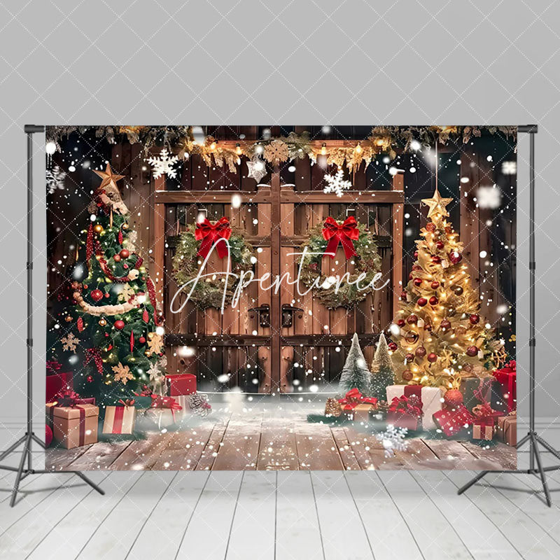 Aperturee - Aperturee Bow Wreath Barn Door Christmas Photo Backdrop