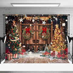 Aperturee - Aperturee Bow Wreath Barn Door Christmas Photo Backdrop