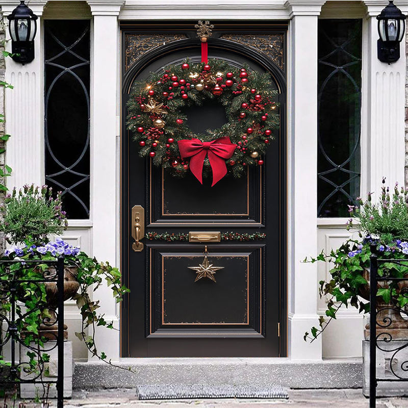 Aperturee - Aperturee Bowknot Red Cherry Wreath Black Christmas Door Cover