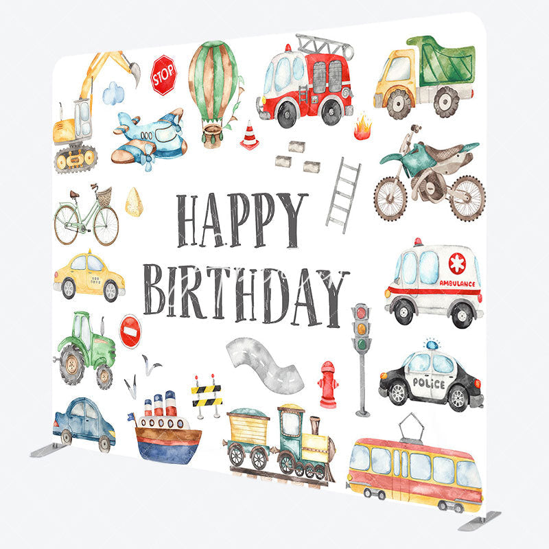 Aperturee - Aperturee Boy Truck Theme Happy Birthday Square Tension Backdrop