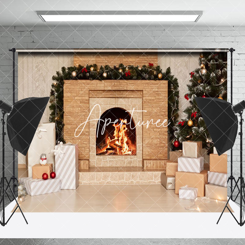 Aperturee - Aperturee Brick Fireplace Gift Box Christmas Backdrop