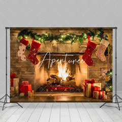 Aperturee - Aperturee Brick Fireplace Red Socks Christmas Photo Backdrop