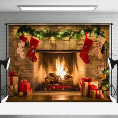 Aperturee - Aperturee Brick Fireplace Red Socks Christmas Photo Backdrop