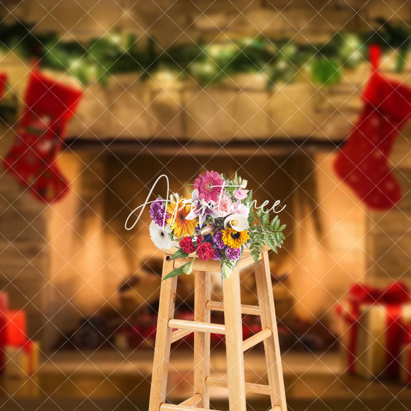 Aperturee - Aperturee Brick Fireplace Red Socks Christmas Photo Backdrop