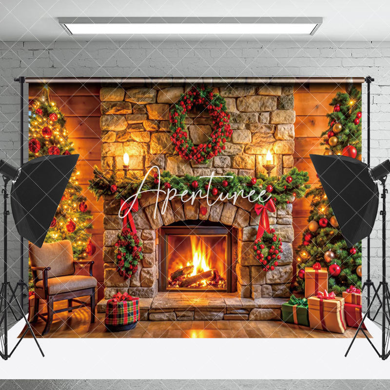 Aperturee - Aperturee Brick Fireplace Wreath Tree Gift Christmas Backdrop