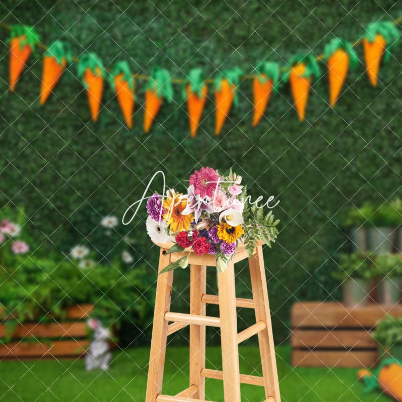 Aperturee - Aperturee Brick Greenery Wall Carrot Bunny Easter Backdrop