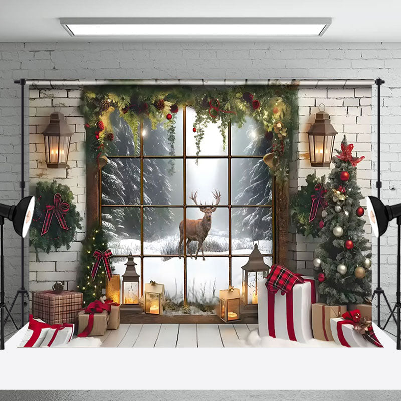 Aperturee - Aperturee Brick Interior Window Reindeer Christmas Backdrop