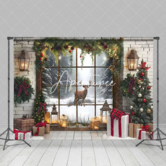 Aperturee - Aperturee Brick Interior Window Reindeer Christmas Backdrop