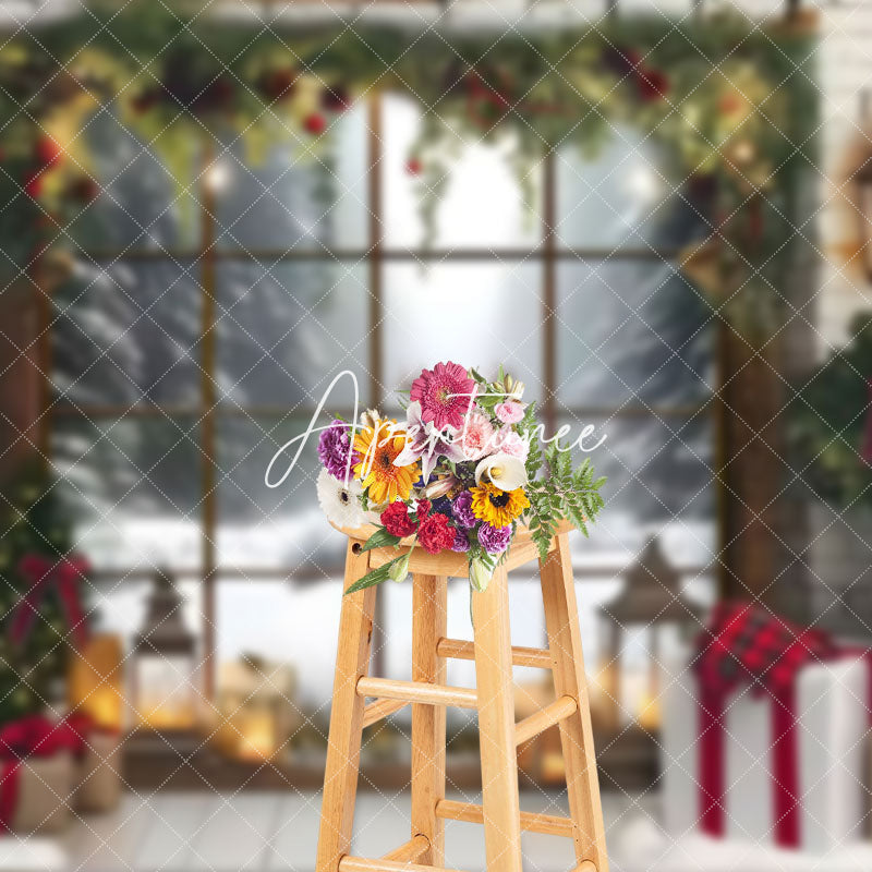 Aperturee - Aperturee Brick Interior Window Reindeer Christmas Backdrop