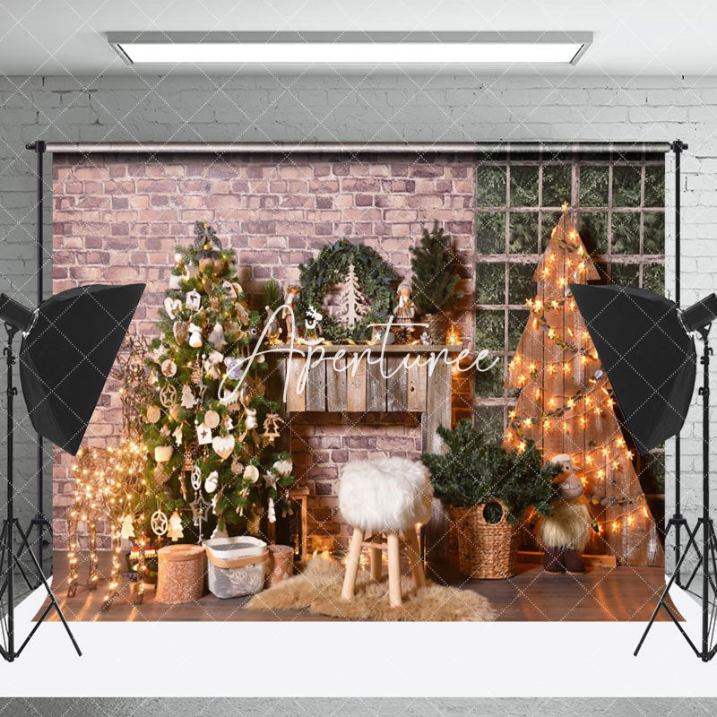 Aperturee - Aperturee Brick Wall Christmas Tree Star Lights Photo Backdrop