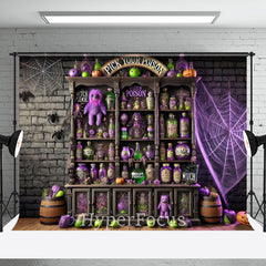 Aperturee - Aperturee Brick Wall Pick Your Poison Shelf Halloween Backdrop