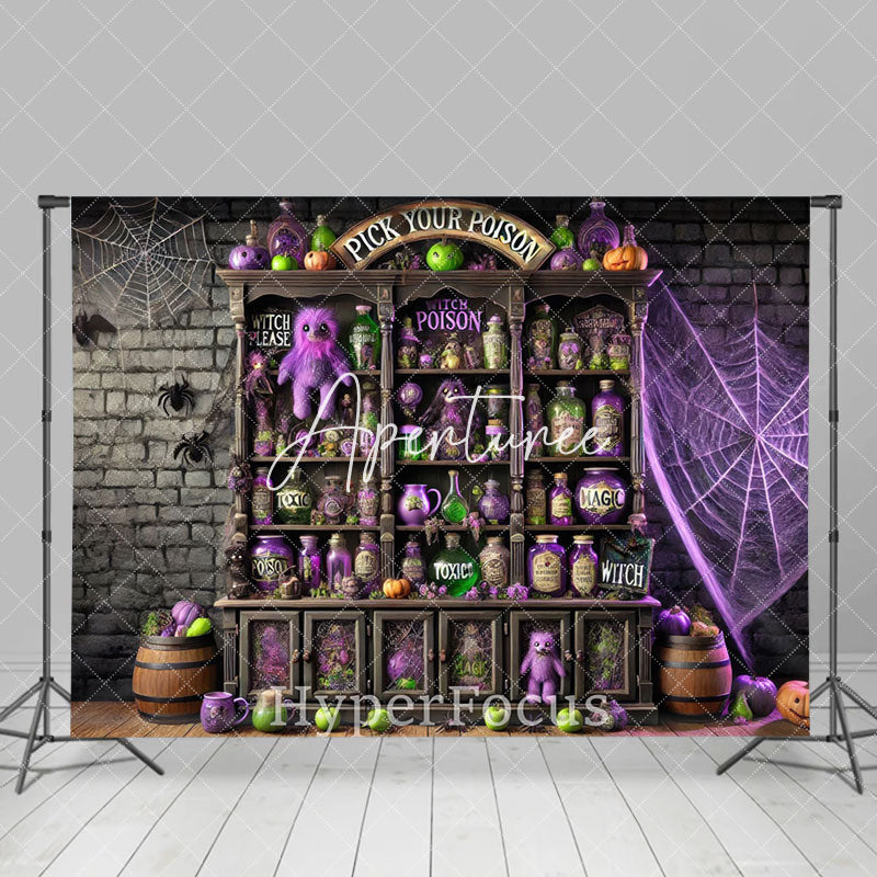 Aperturee - Aperturee Brick Wall Pick Your Poison Shelf Halloween Backdrop