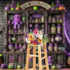 Aperturee - Aperturee Brick Wall Pick Your Poison Shelf Halloween Backdrop