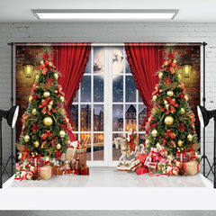 Aperturee - Aperturee Brick Wall Window Curtain Christmas Tree Backdrop