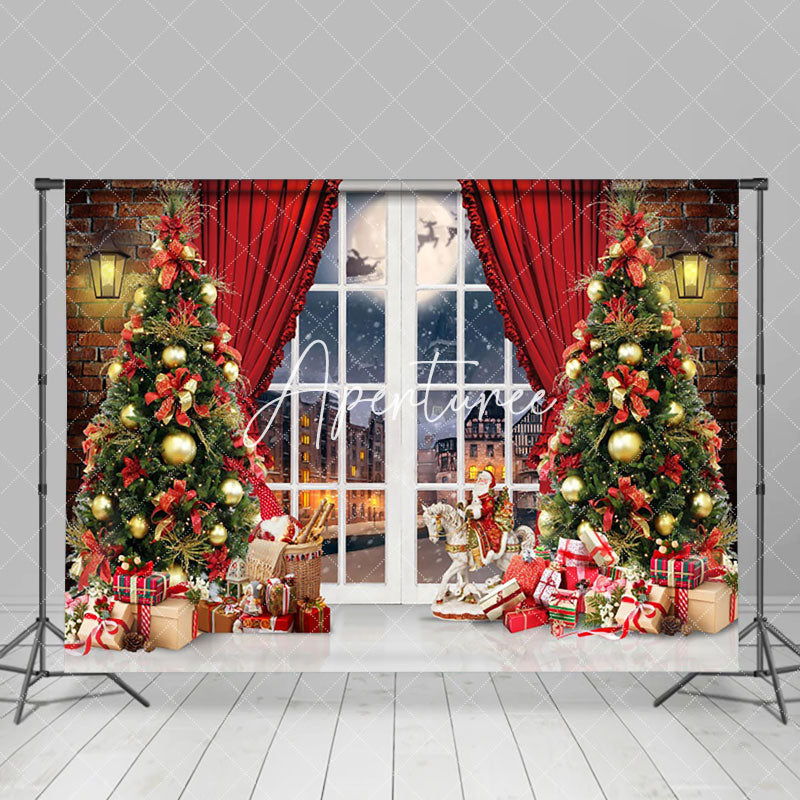 Aperturee - Aperturee Brick Wall Window Curtain Christmas Tree Backdrop