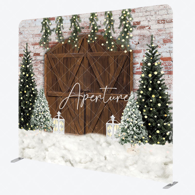 Aperturee - Aperturee Brick Wall Wood Door Christmas Pillow Cover Backdrop