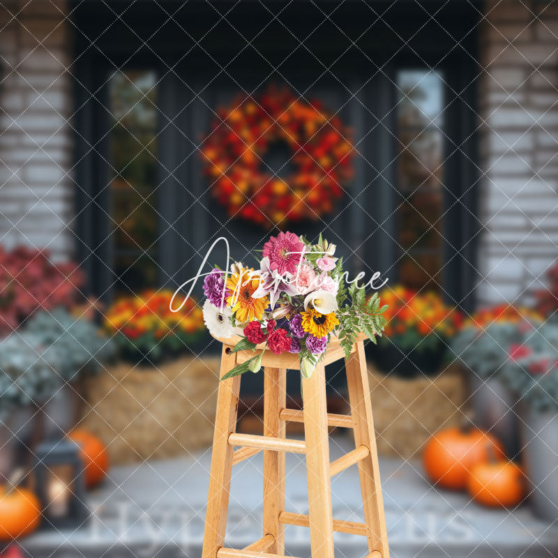 Aperturee - Aperturee Bricks Door Porch Floral Pumpkin Autumn Backdrop