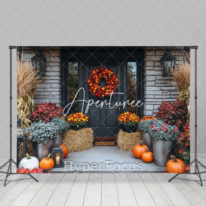 Aperturee - Aperturee Bricks Door Porch Floral Pumpkin Autumn Backdrop