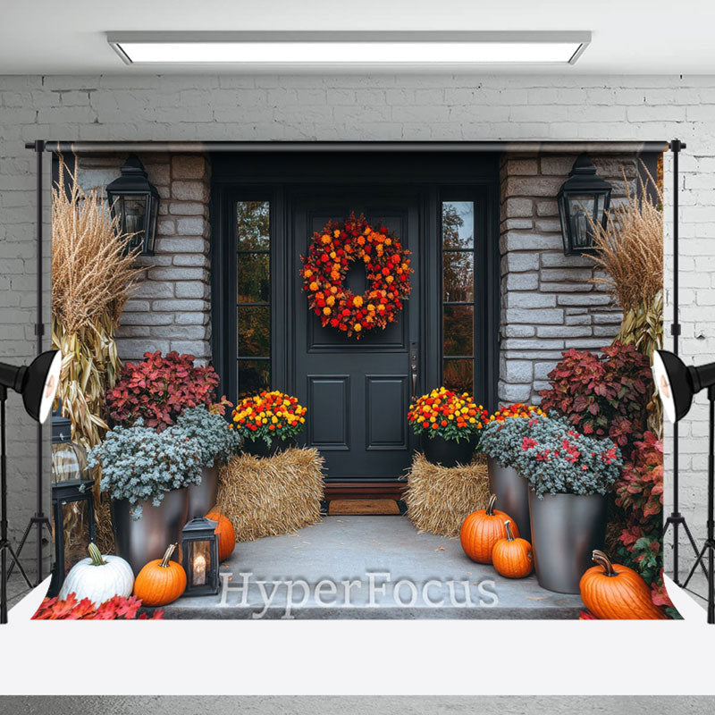 Aperturee - Aperturee Bricks Door Porch Floral Pumpkin Autumn Backdrop