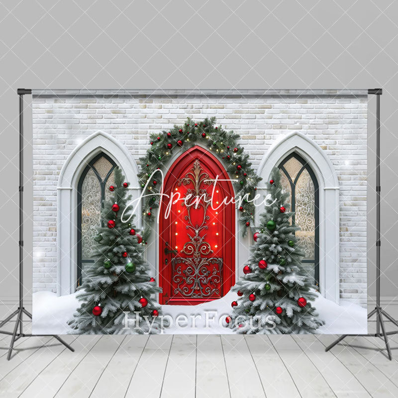 Aperturee - Aperturee Bricks House Red Door Tree Christmas Vibe Backdrop