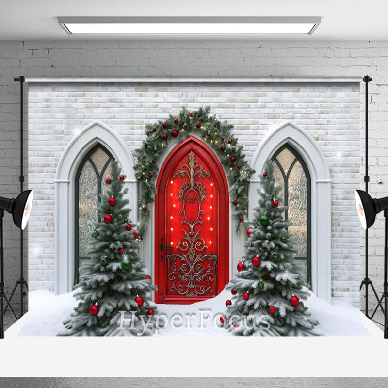 Aperturee - Aperturee Bricks House Red Door Tree Christmas Vibe Backdrop