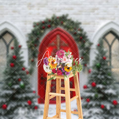 Aperturee - Aperturee Bricks House Red Door Tree Christmas Vibe Backdrop