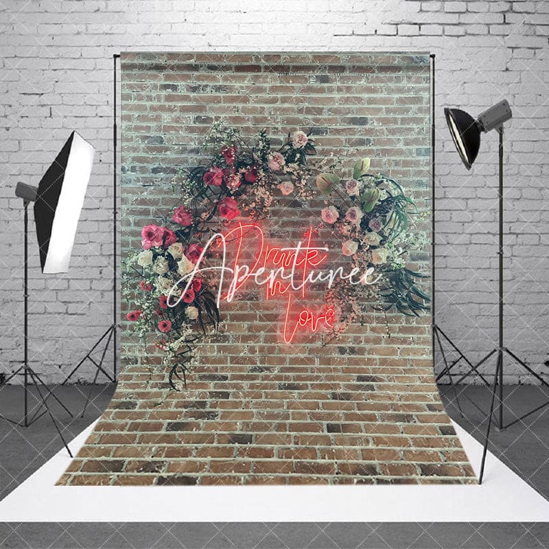 Aperturee - Aperturee Bricks Wall Floral Neon Drink In Love Photo Backdrop