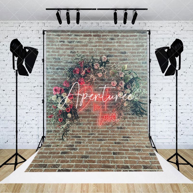 Aperturee - Aperturee Bricks Wall Floral Neon Drink In Love Photo Backdrop