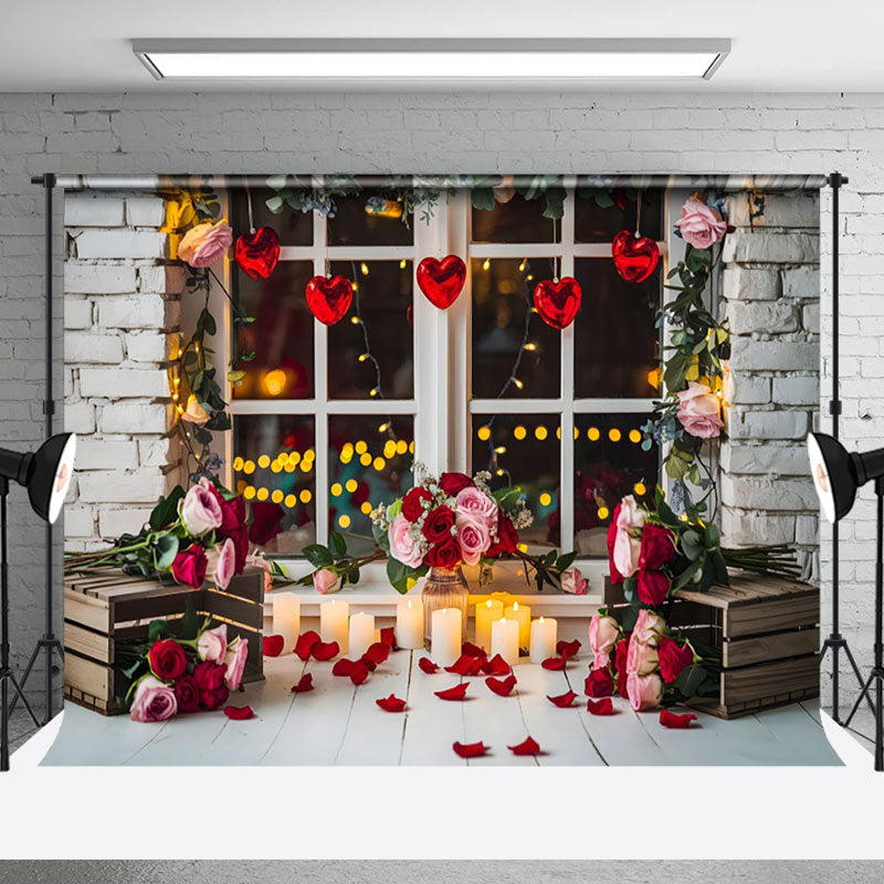 Aperturee - Aperturee Bricks Wall Floral Window Candlelight Photo Backdrop