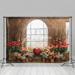 Aperturee - Aperturee Bricks Window Floral Red Love Valentines Day Backdrop