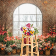 Aperturee - Aperturee Bricks Window Floral Red Love Valentines Day Backdrop