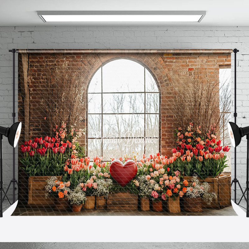 Aperturee - Aperturee Bricks Window Floral Red Love Valentines Day Backdrop