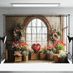 Aperturee - Aperturee Bricks Window Scene Spring Floral Heart Backdrop