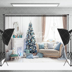 Aperturee - Aperturee Bright Blue Room Sofa Christmas Tree Backdrop