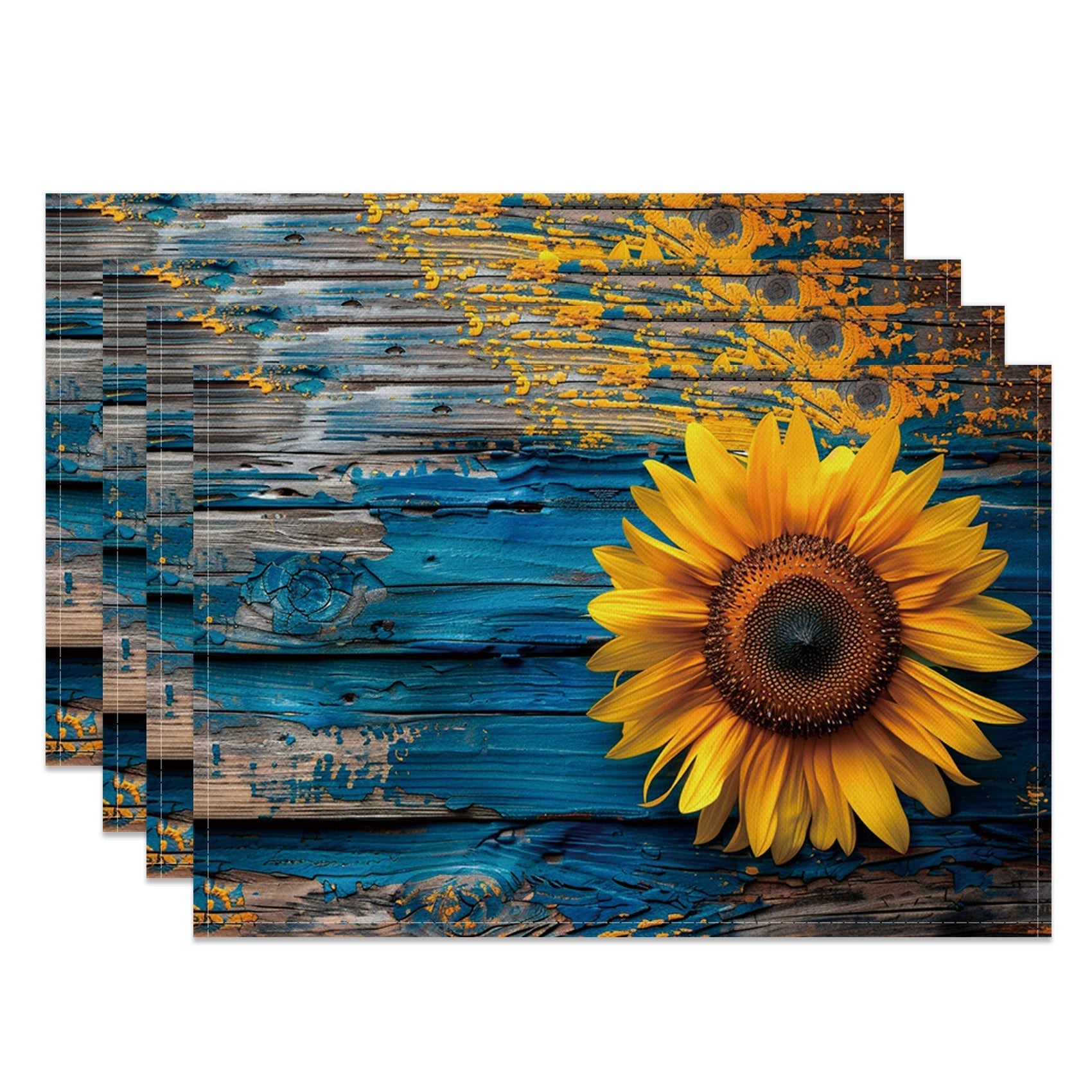 Aperturee - Aperturee Bright Blue Wood Grain Sunflower Set Of 4 Placemats