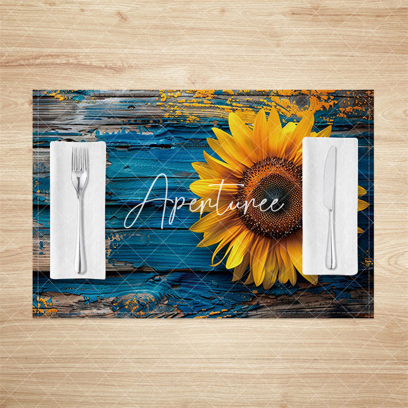 Aperturee - Aperturee Bright Blue Wood Grain Sunflower Set Of 4 Placemats