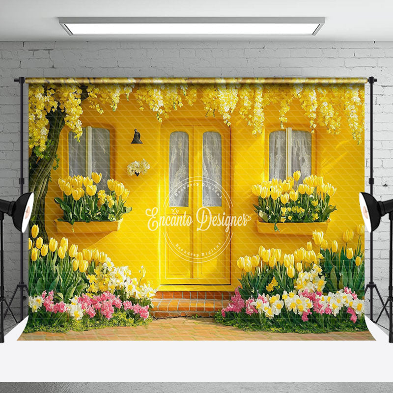 Aperturee - Aperturee Bright Yellow Floral House Spring Photo Backdrop