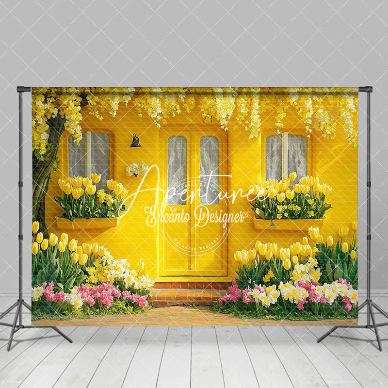 Aperturee - Aperturee Bright Yellow Floral House Spring Photo Backdrop