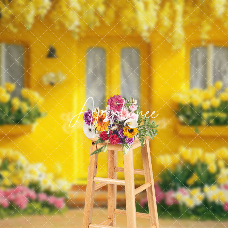 Aperturee - Aperturee Bright Yellow Floral House Spring Photo Backdrop