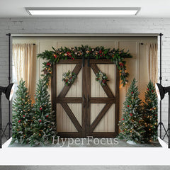 Aperturee - Aperturee Brown Beige Wooden Door Christmas Photo Backdrop