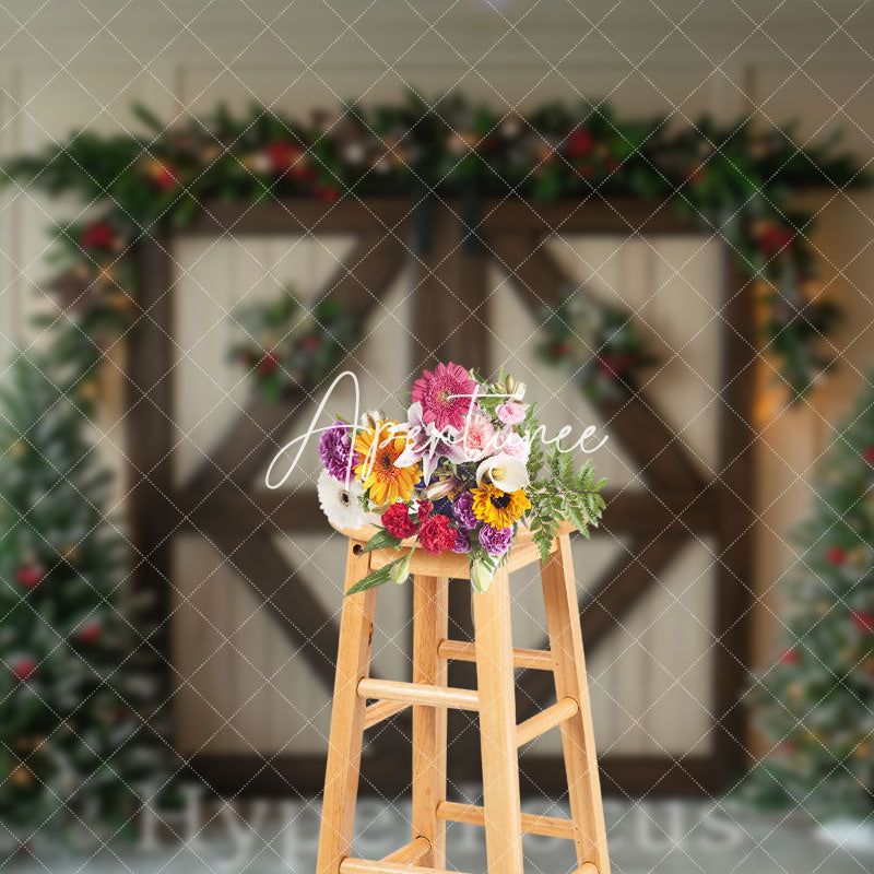 Aperturee - Aperturee Brown Beige Wooden Door Christmas Photo Backdrop