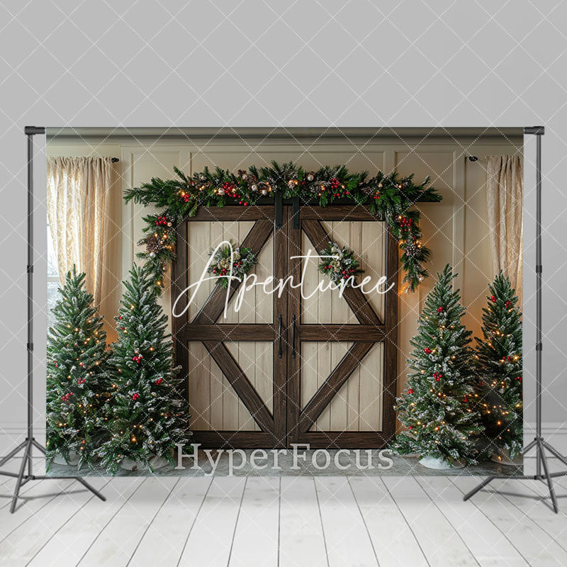 Aperturee - Aperturee Brown Beige Wooden Door Christmas Photo Backdrop