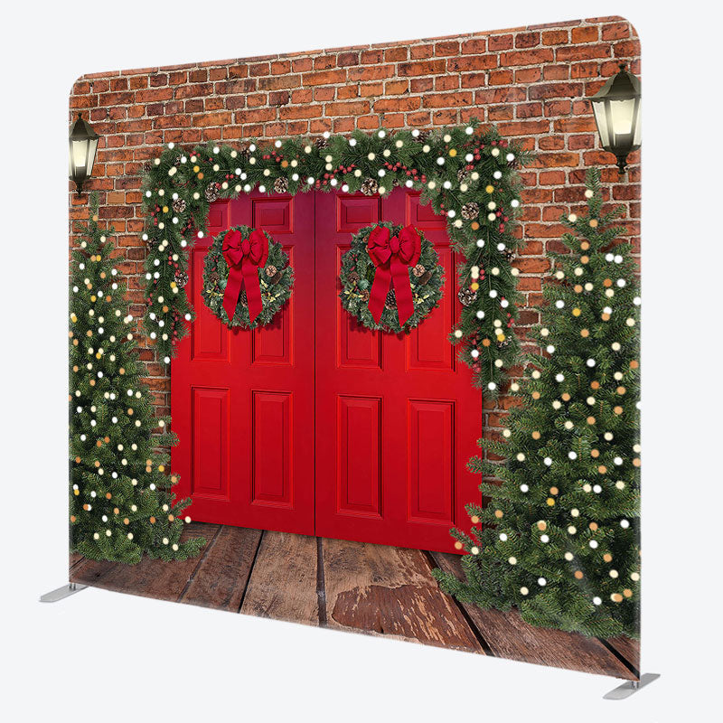 Aperturee - Aperturee Brown Bricks Door Christmas Tension Fabric Backdrop