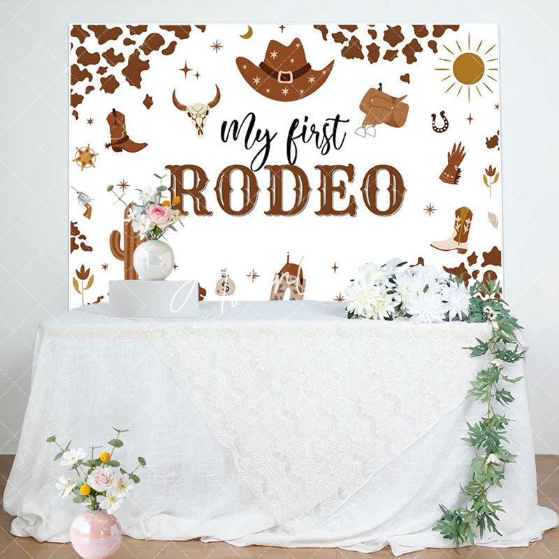 Aperturee - Aperturee Brown Cow Pattern My First Rodeo Birthday Backdrop