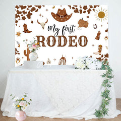 Aperturee - Aperturee Brown Cow Pattern My First Rodeo Birthday Backdrop